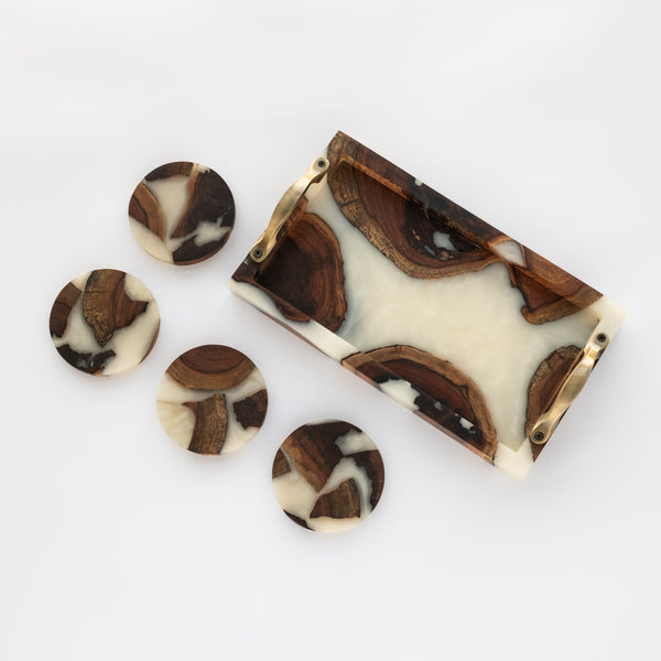 White Epoxy Resin and Wood Tray with set of 4 Coasters 30cm * 17.5cm, HandMade for parashuteHome.