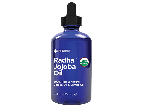 Radha Beauty USDA Certified Organic Jojoba Oil, 4 fl oz. - 100% Pure Unrefined Cold Pressed Jojoba - Great Carrier Oil for Moisturizing Hair, Skin, & Nails